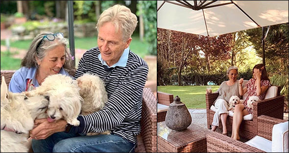 Two photos: Pamela Sheldon Johns and her husband, Courtney Johns with their dogs; and Pamela with her daughter, Alaia reclining on a patio with their dogs.